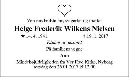 Dødsannoncen for Helge Frederik Wilkens Nielsen - Nyborg