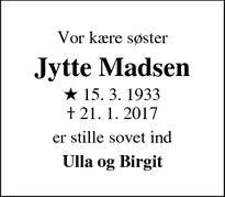 Dødsannoncen for Jytte Madsen - Odense