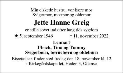 Dødsannoncen for Jette Hanne Greig - Odense