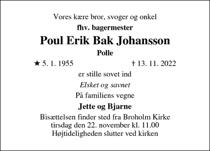 Dødsannoncen for Poul Erik Bak Johansson - Nårup