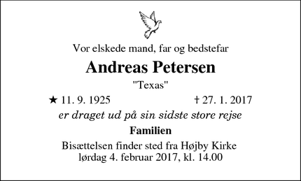 Dødsannoncen for Andreas Petersen - Højby