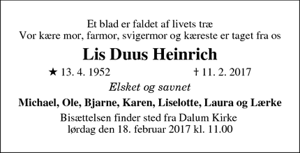 Dødsannoncen for Lis Duus Heinrich - Fraugde