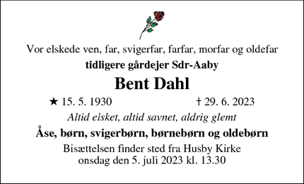 Dødsannoncen for Bent Dahl - Nr. Aaby