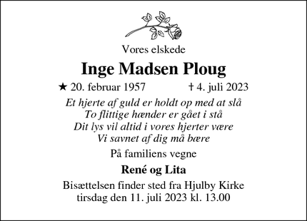 Dødsannoncen for Inge Madsen Ploug - Nyborg