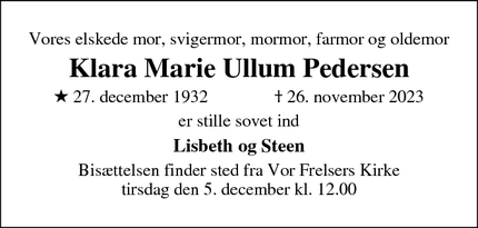 Dødsannoncen for Klara Marie Ullum Pedersen - Odense