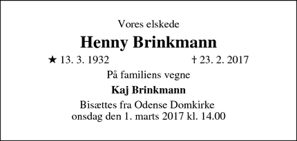 Dødsannoncen for  Henny Brinkmann - Nørre Lyndelse