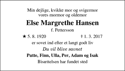 Dødsannoncen for Else Margrethe Hansen - Stenløse