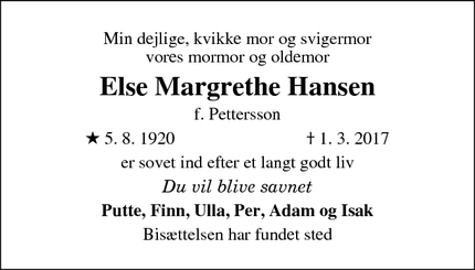 Dødsannoncen for Else Margrethe Hansen - Stenløse