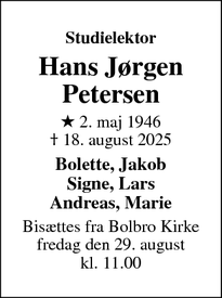 Dødsannoncen for Hans Jørgen
Petersen - Odense