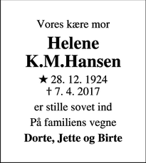 Dødsannoncen for Helene K.M.Hansen - Veflinge
