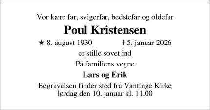 Dødsannoncen for Poul Kristensen - Vantinge