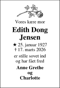 Dødsannoncen for Edith Dong
Jensen - Holte