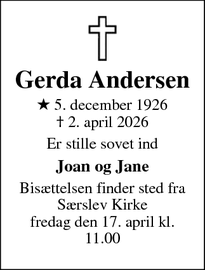 Dødsannoncen for Gerda Andersen - Særslev