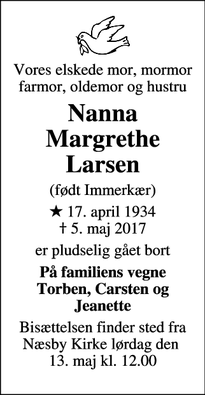 Dødsannoncen for Nanna Margrethe Larsen - Odense
