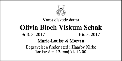 Dødsannoncen for Olivia Bloch Viskum Schak - Haarby