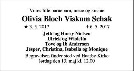 Dødsannoncen for Olivia Bloch Viskum Schak - Haarby