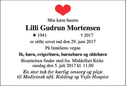 Dødsannoncen for Lilli Gudrun Mortensen - Middelfart 