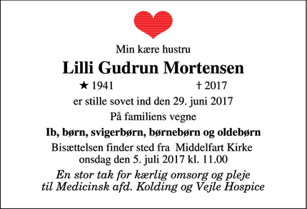 Dødsannoncen for Lilli Gudrun Mortensen - Middelfart 