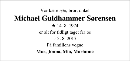 Dødsannoncen for Michael Guldhammer Sørensen - Odense