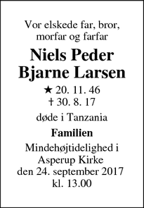 Dødsannoncen for Niels Peder Bjarne Larsen  - Flemløse