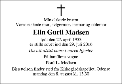 Dødsannoncen for Elin Gurli Madsen - Langeskov