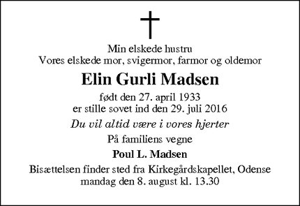 Dødsannoncen for Elin Gurli Madsen - Langeskov