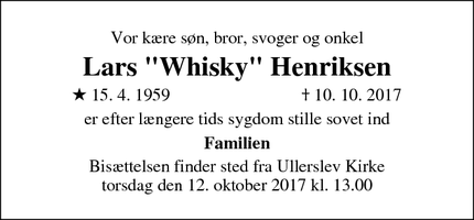 Dødsannoncen for Lars "Whisky" Henriksen - Ullerslev