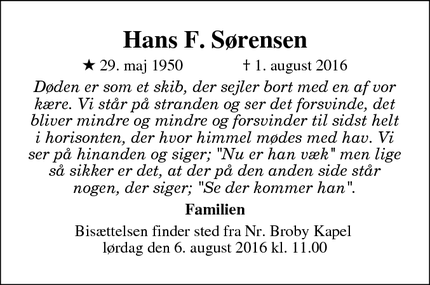 Dødsannoncen for Hans F. Sørensen - Skalbjerg