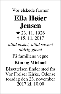 Dødsannoncen for Ella Høier Jensen - Odense