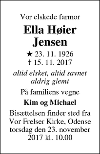 Dødsannoncen for Ella Høier Jensen - Odense