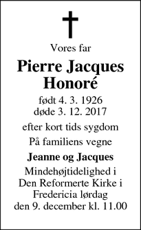 Dødsannoncen for Pierre Jacques Honoré - Assens