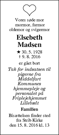 Dødsannoncen for Elsebeth Madsen - Middelfart