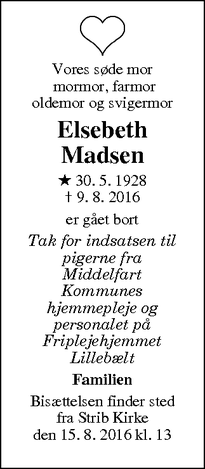 Dødsannoncen for Elsebeth Madsen - Middelfart