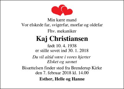 Dødsannoncen for Kaj Christiansen - Brenderup
