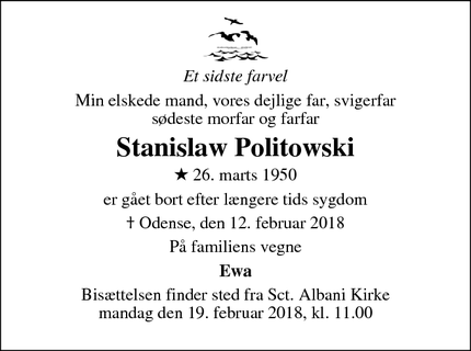Dødsannoncen for Stanislaw Politowski - Odense