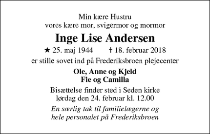 Dødsannoncen for Inge Lise Andersen - Odense