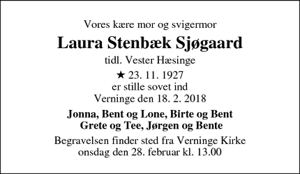 Dødsannoncen for Laura Stenbæk Sjøgaard - Verninge
