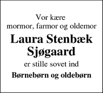 Dødsannoncen for Laura Stenbæk Sjøgaard - Verninge