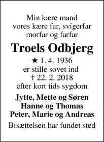 Dødsannoncen for Troels Odbjerg - Nyborg