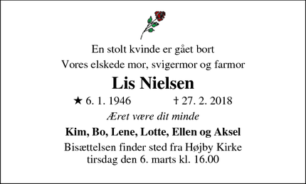 Dødsannoncen for Lis Nielsen - Odense