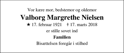 Dødsannoncen for Valborg Margrethe Nielsen - Morud