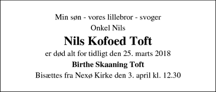 Dødsannoncen for Nils Kofoed Toft - Nexø