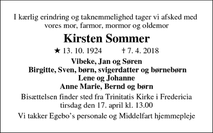 Dødsannoncen for Kirsten Sommer  - Middelfart