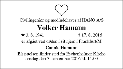 Dødsannoncen for Volker Hamann - Frankfurt