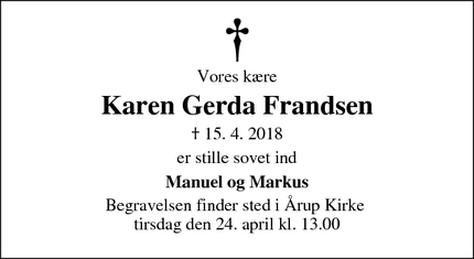 Dødsannoncen for Karen Gerda Frandsen - Ørbæk