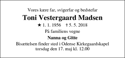 Dødsannoncen for Toni Vestergaard Madsen - Odense