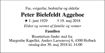 Dødsannoncen for Peter Bielefeldt Aggeboe - Odense