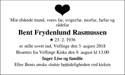 Dødsannoncen for Bent Frydenlund Rasmussen - Veflinge