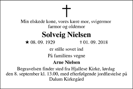 Dødsannoncen for Solveig Nielsen - Hjallese