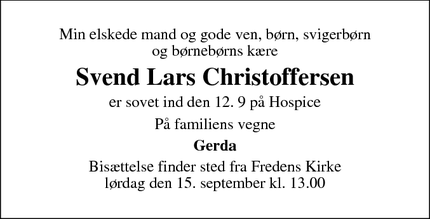 Dødsannoncen for Svend Lars Christoffersen - Svendborg